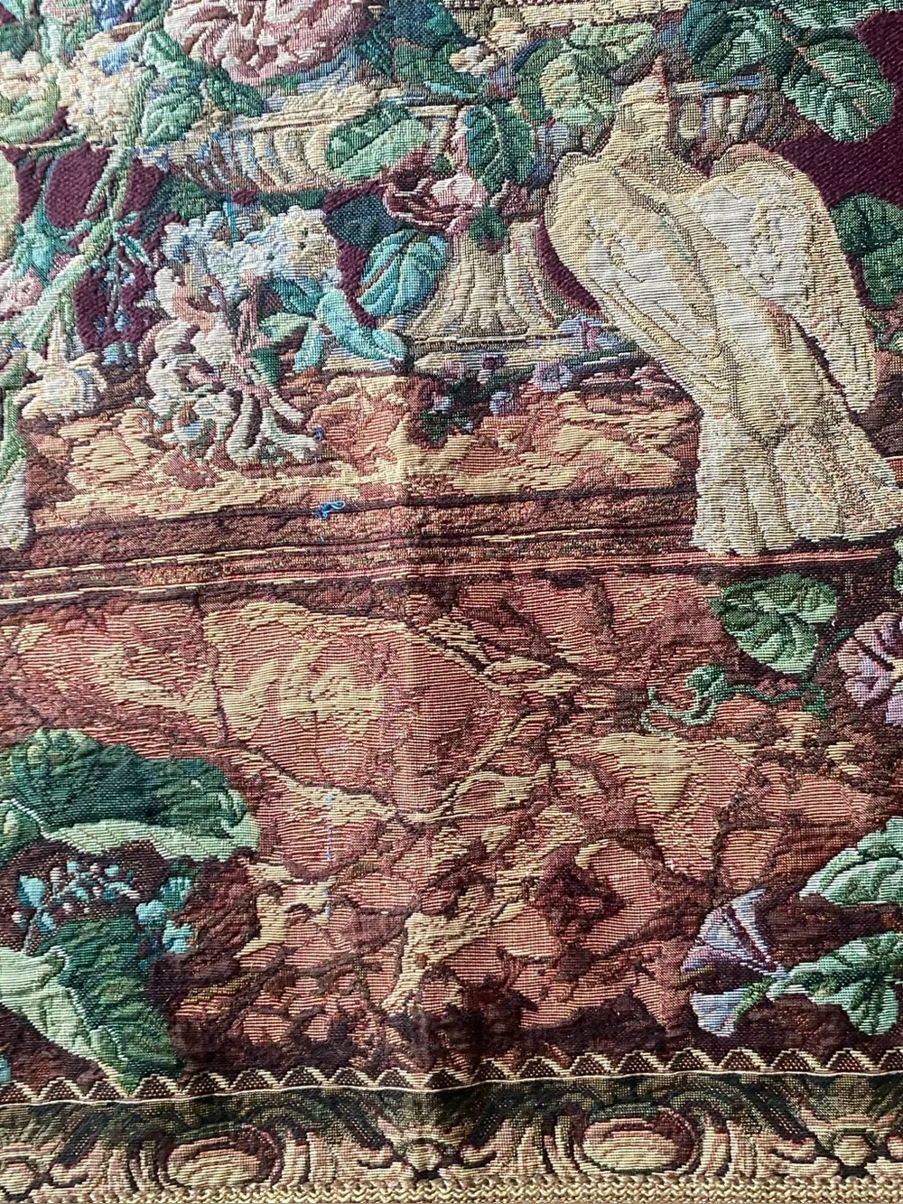 Vintage Wall Tapestry Aubusson Style Floral Birds Fringe Woven Textile 55” x 37”